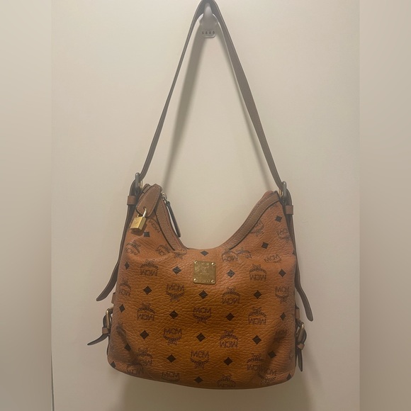 MCM Handbags - MCM Aren Hobo bag in Visetos Cognac Logo with adjustable Shoulder Bag tarnished